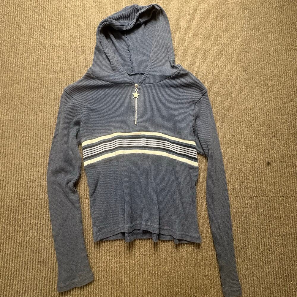 Vintage 90s Ribbed Knit Quarter Zip Hoodie Striped Star Zipper Skater Grunge